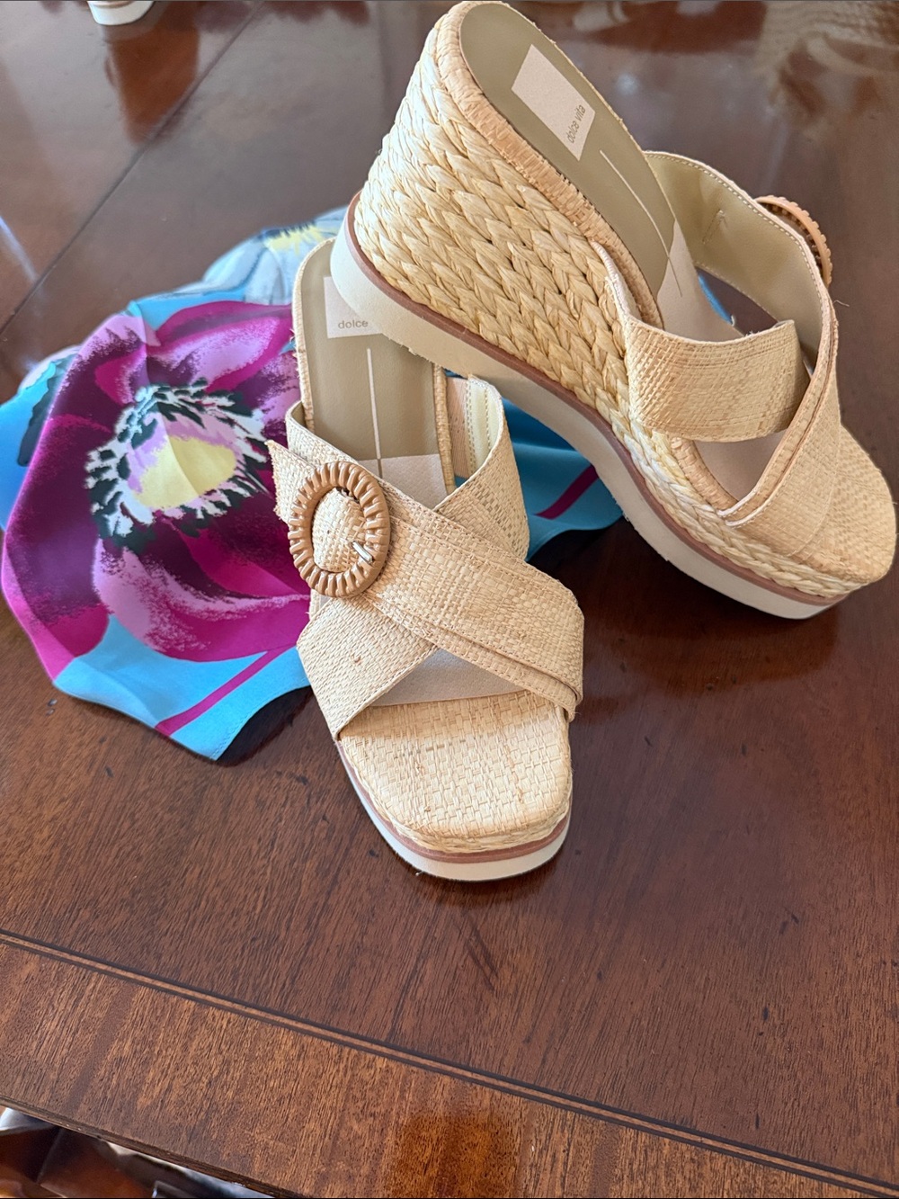 Dolce Vita Natural Tan Raffia Wedge Sandals